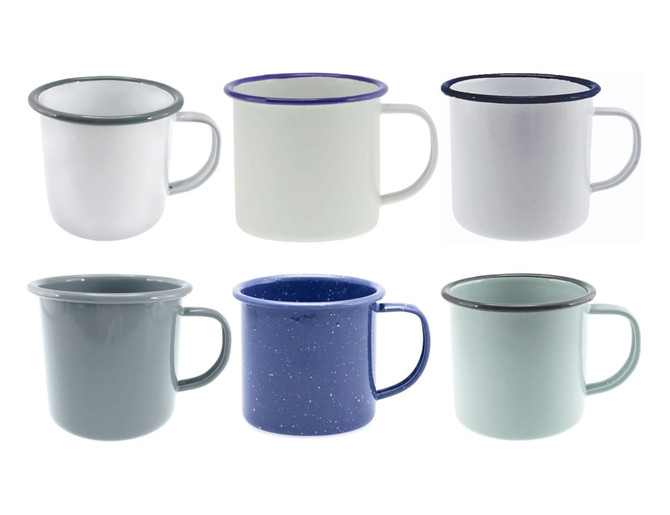 A set of six enamel mugs in various colours: white, grey, light blue, dark blue, and cream, featuring contrasting rims and handles.