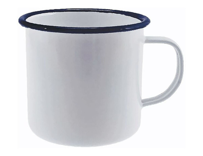 A white enamel mug with a blue rim, featuring a handle. The mug has a smooth, shiny finish and no visible branding.
