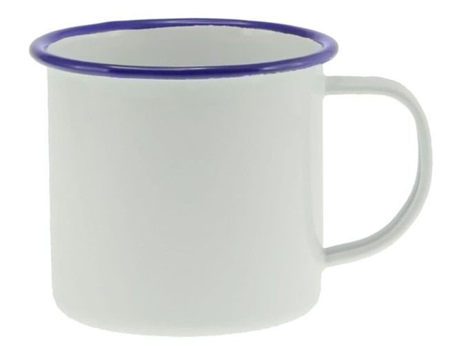 A mug with a white body and a blue rim, featuring a handle and a logo. Ideal for hot or cold beverages.