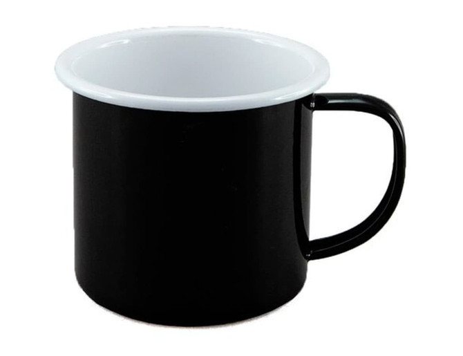 A two-tone mug featuring a black exterior and a white inner surface, with a sturdy handle and a logo.