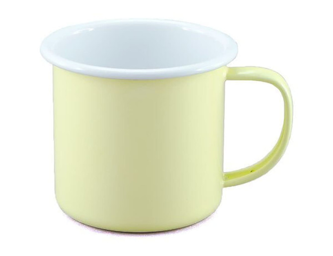 A two-tone yellow and white enamel mug with a handle, featuring a simple, smooth design.