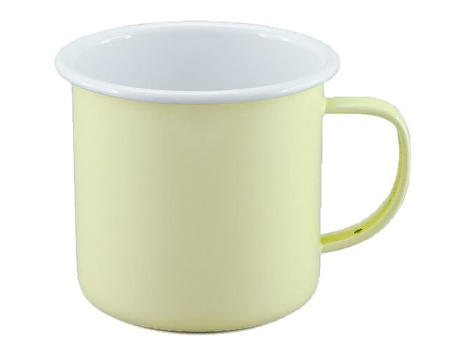 A two-tone mug in pastel yellow with a white interior and a handle, featuring a logo.