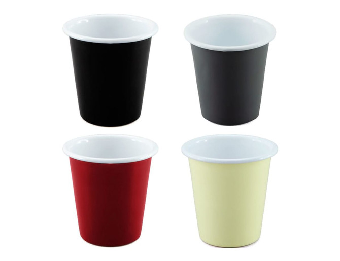 A collection of four Falcon Enamel 300ml tumblers in black, charcoal, red, and pale yellow with white inner linings.
