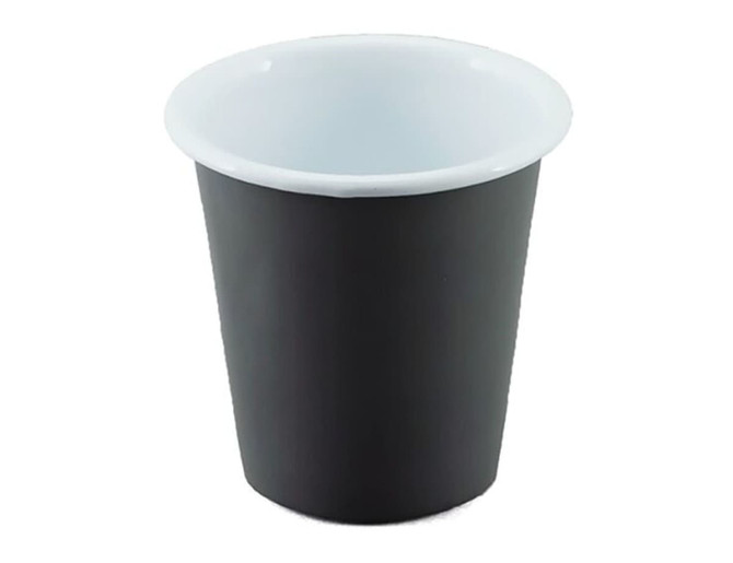 A tumbler featuring a black exterior and a white interior, with a logo on the side.