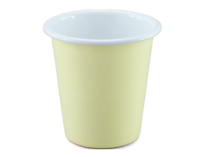 A tumbler featuring a pale yellow exterior with a white rim and an interior. Includes a logo on the surface.