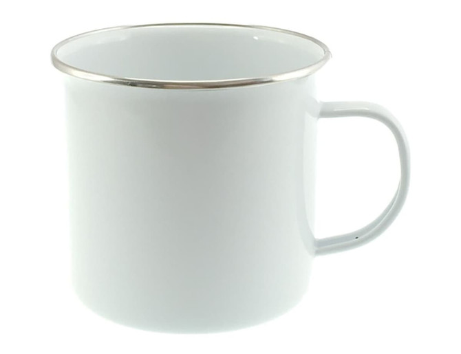 A white rimmed enamel mug with a silver trim and a handle, suitable for various beverages.