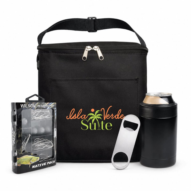 A black cooler bag with a logo, a can, a bottle opener, and a fishing tackle pack.