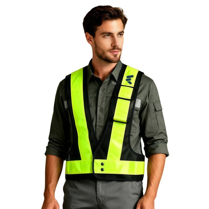 A reflective adjustable safety vest in bright yellow with black accents and a pocket, featuring a logo.