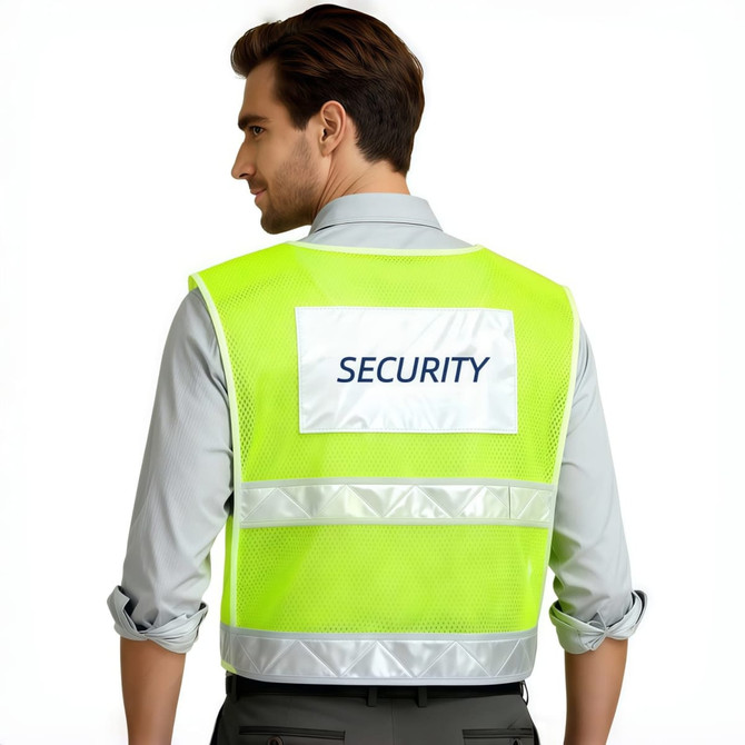 A reflective safety vest in bright yellow, featuring a logo and "SECURITY" text, worn by a man from the back.