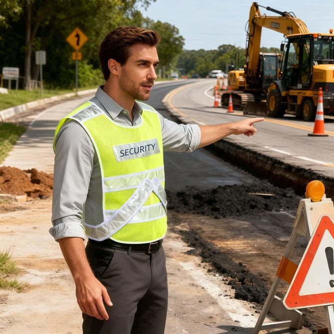 A reflective adjustable safety vest in bright yellow on a person directing traffic near construction equipment and signage.