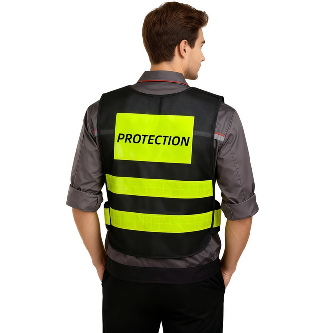 A gourd-shaped, hi-vis reflective safety vest in bright yellow and black, featuring adjustable straps and a logo.