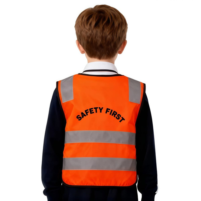 A kid's hi-vis reflective safety vest in bright orange with reflective stripes and a logo on the back.