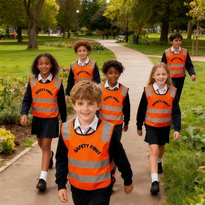 A group of children wearing orange hi-vis reflective safety vests walks together along a park path.