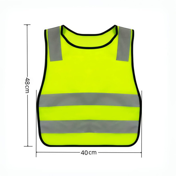 A bright yellow reflective safety vest featuring grey stripes, with a logo on the front. Dimensions are 40 cm by 48 cm.