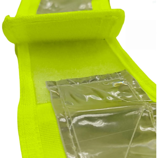 A bright yellow reflective safety vest featuring adjustable straps and clear pockets. It includes a logo on the material.