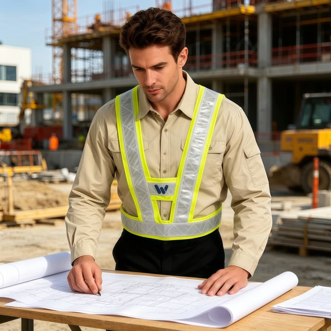 A reflective adjustable safety vest in bright yellow worn by a man reviewing blueprints on a construction site.