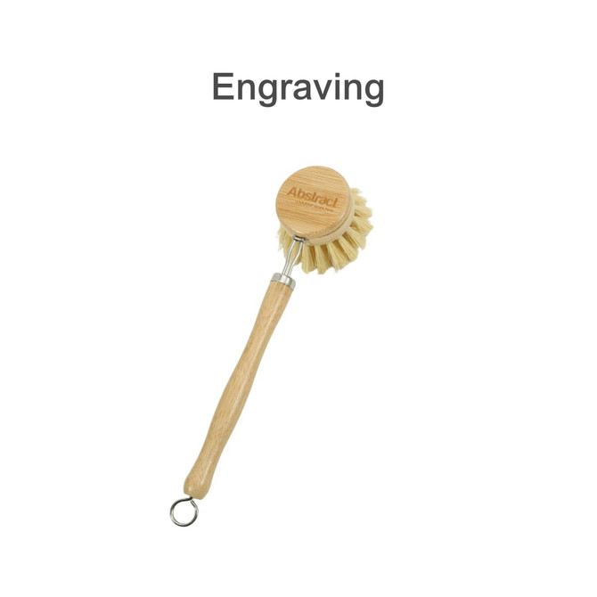 A long-handled wooden cleaning scrubber with a round brush head and a light wooden handle. It features a logo.