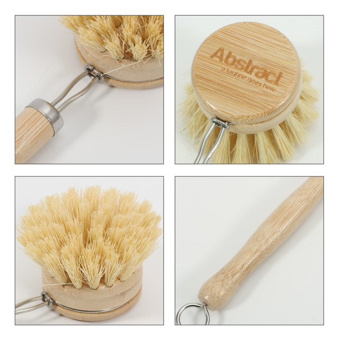 A wooden cleaning scrubber with a long handle and natural bristles, featuring a branded design on the head.