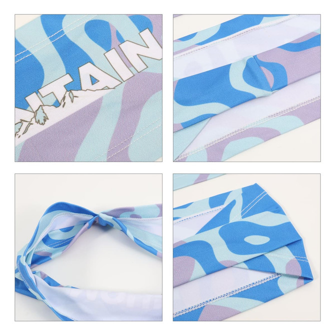 A patterned polyester spandex sport headband in shades of blue and purple, featuring a branded logo.