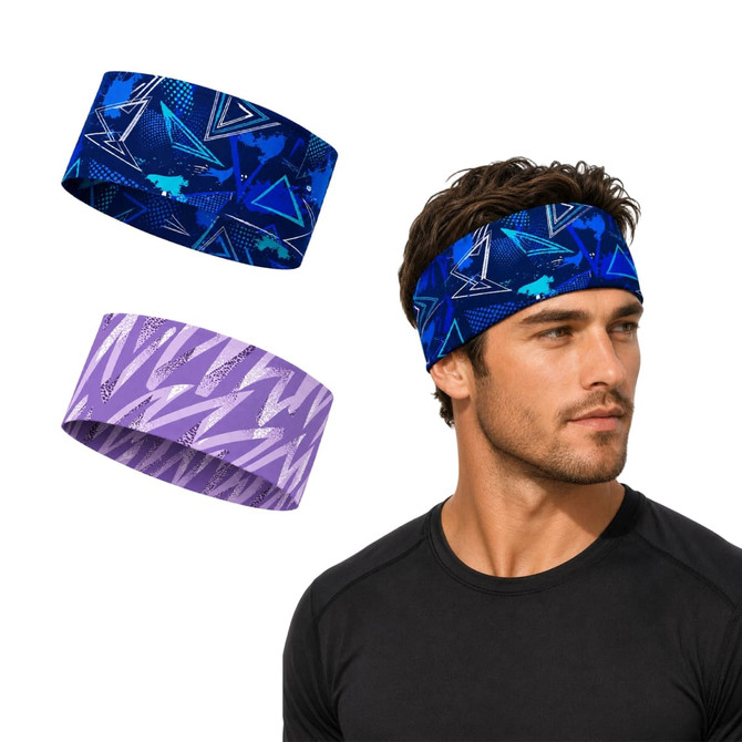 A set of two wide headbands in blue and purple patterns, displayed on a model. Each band has a logo.