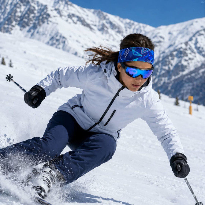 A skier wearing a blue and patterned headband and ski gear, navigating through snowy mountains.
