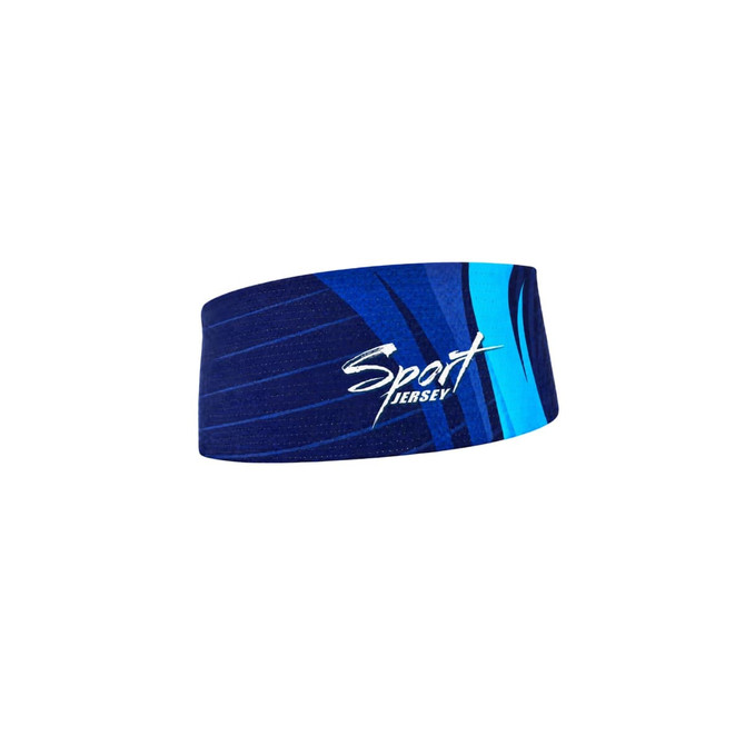 A blue and navy headband featuring a breathable mesh design and a logo.