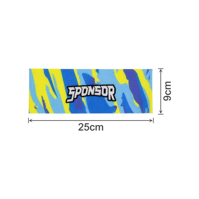 A blue and yellow seamless breathable ice silk mesh headband with a logo in the centre. Dimensions are 25cm by 9cm.