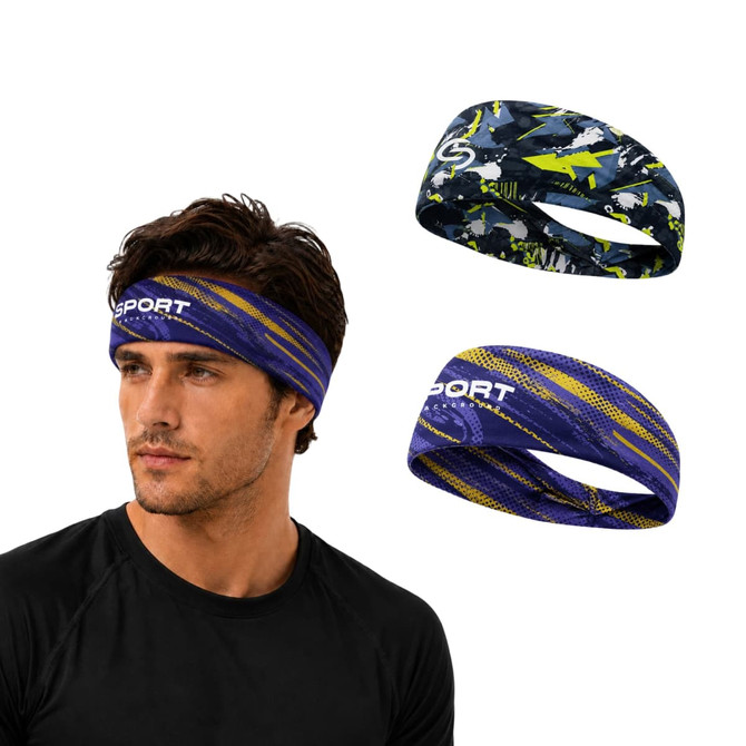 A man wearing two stylish brushed polyester thermal headbands in blue and patterned designs, featuring a logo.