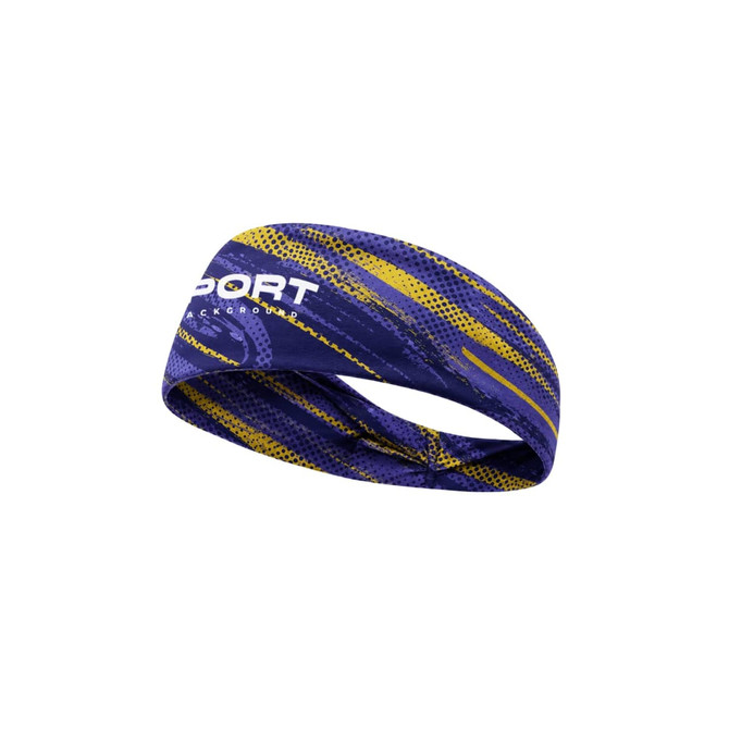 A thermal headband in purple and yellow with a decorative pattern and a logo.