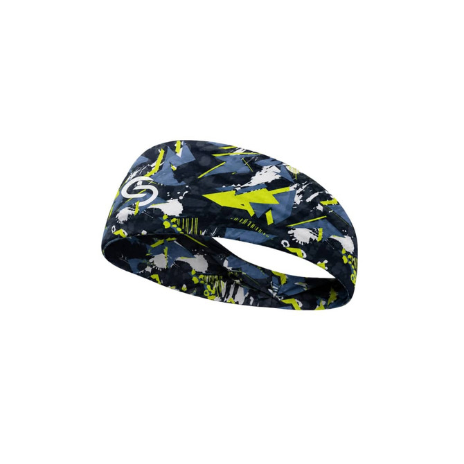 A brushed polyester thermal headband in blue and yellow with abstract patterns and a logo.