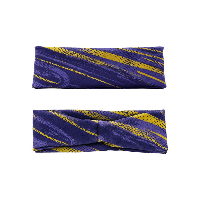 A patterned purple and yellow brushed polyester thermal headband with a twist design, featuring a subtle logo.