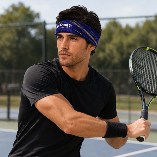A man in a black shirt wearing a blue and purple brushed polyester thermal headband is playing tennis.