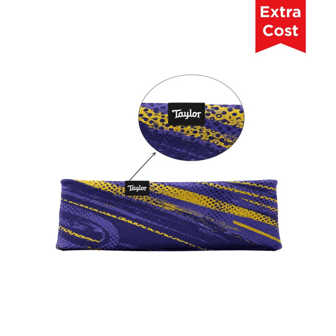 A brushed polyester thermal headband in shades of purple and gold, featuring a prominent logo.