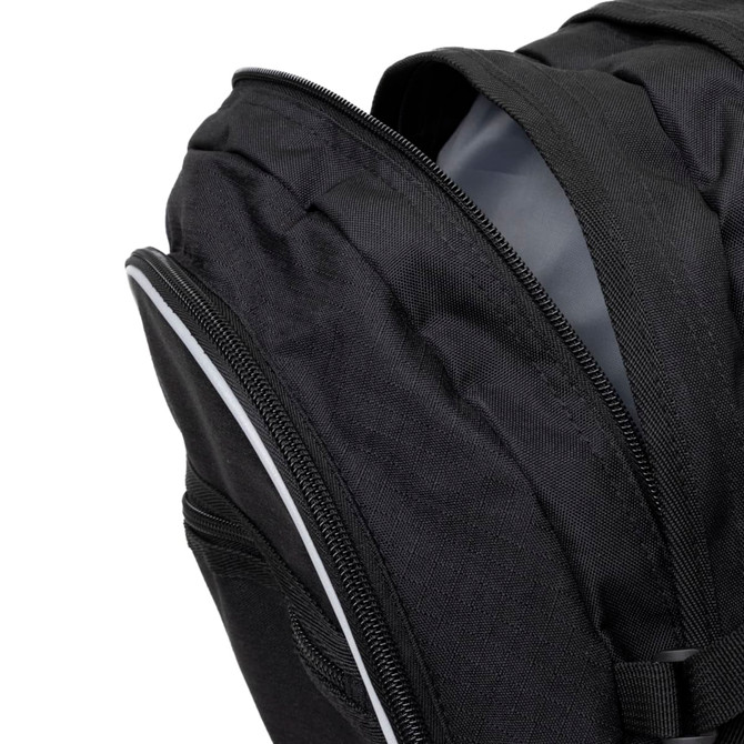 A black backpack featuring dual zippered compartments and a sleek design. It has an additional branded logo.