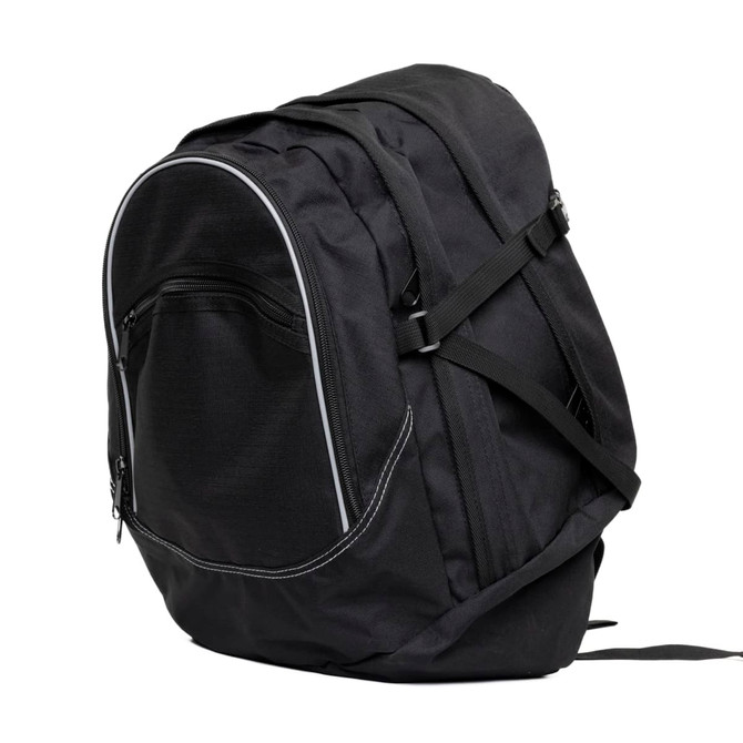 A black backpack featuring multiple zippered compartments and adjustable straps, with a logo on the side.
