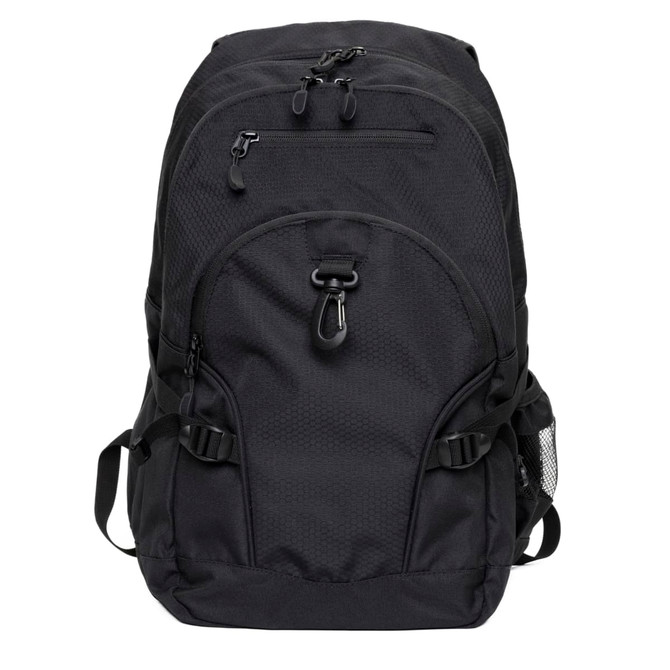 A black backpack with multiple zippered compartments and adjustable straps, featuring a logo on the front.