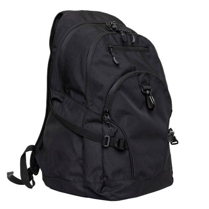 A black backpack with multiple compartments, zippers, and adjustable straps. It features a logo on the front.