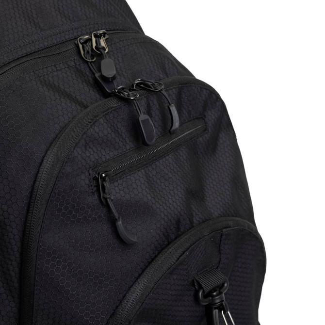 A black Kingston backpack featuring multiple zippered compartments and a textured surface. There's a logo visible on the bag.