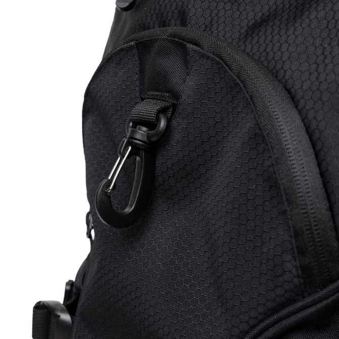 A black backpack featuring a textured surface and a sturdy clip detail. It includes a logo on the exterior.