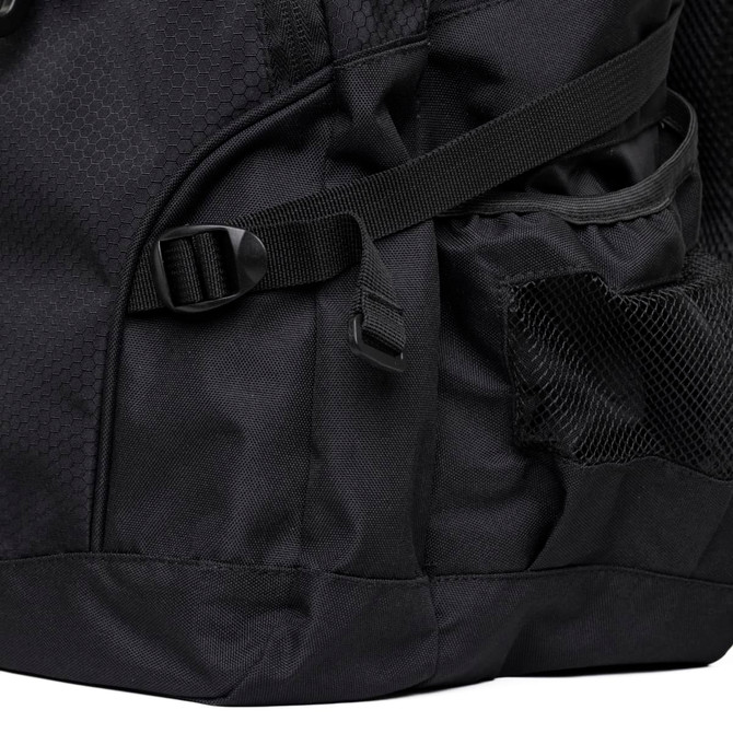 A black Kingston backpack featuring a side pocket with mesh detailing and adjustable straps.