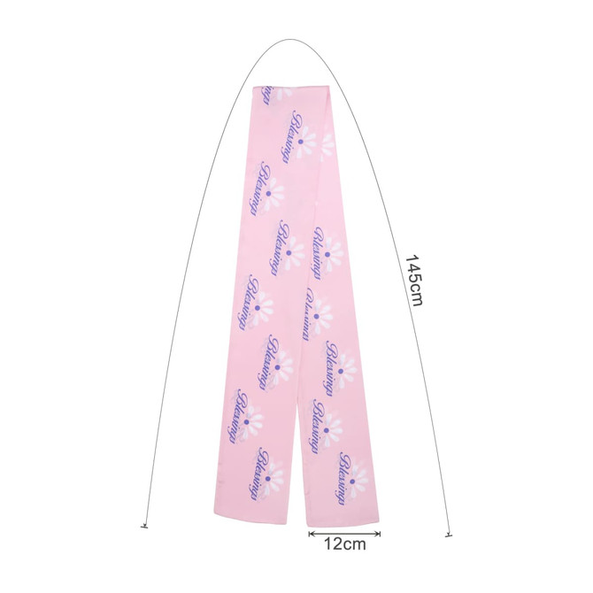 A pink chiffon long scarf with floral patterns and a logo, measuring 145cm by 12cm.