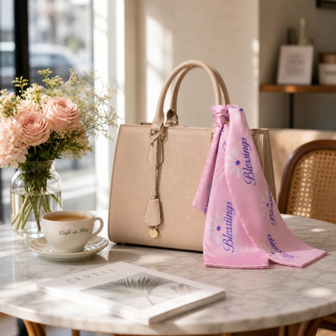 A beige handbag with a pink chiffon scarf hanging on it, placed on a table near a cup of coffee and flowers.