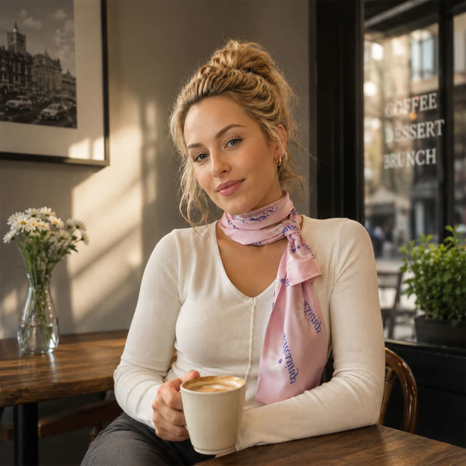 A woman sitting in a café, wearing a pink chiffon long scarf, holding a cup of coffee.