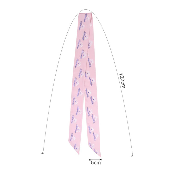 A pink chiffon narrow scarf featuring a delicate pattern. It has a logo and measures 120 cm by 5 cm.