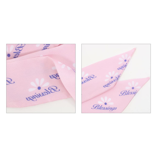 A pink chiffon narrow scarf featuring floral designs and text. The scarf has a smooth, delicate texture.
