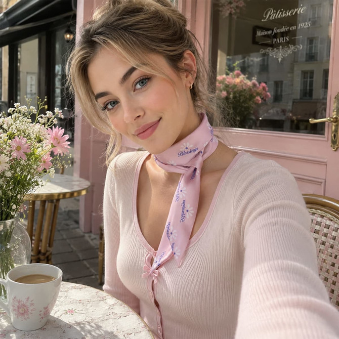 A narrow pink chiffon scarf is tied elegantly around a person's neck, set against a café backdrop with flowers.