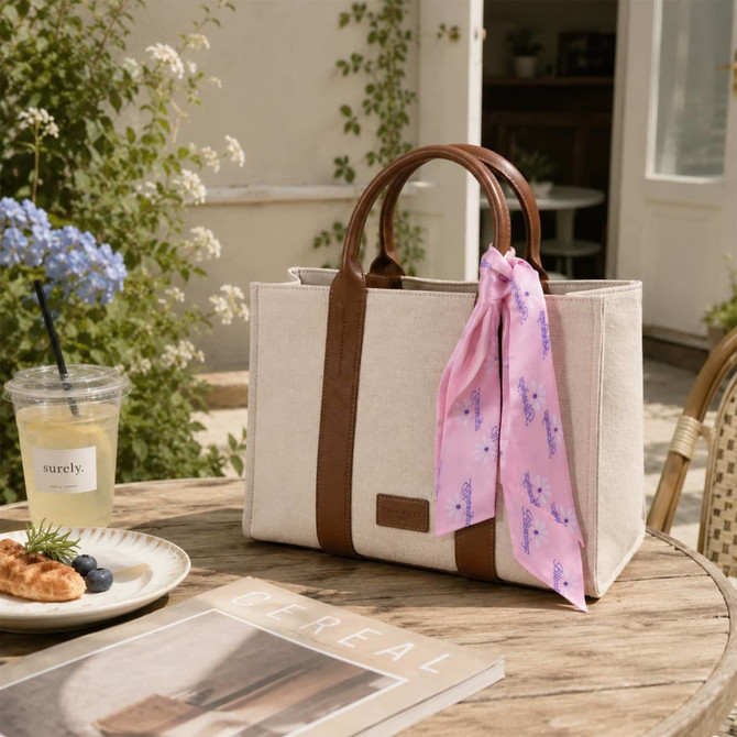 A beige bag with brown handles, adorned with a pink chiffon narrow scarf, sits on a table beside a drink and pastries.