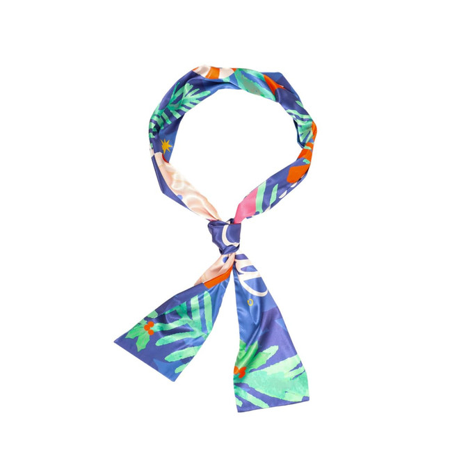 A vibrant satin long scarf featuring a blue background with tropical patterns in green, pink, and orange hues.