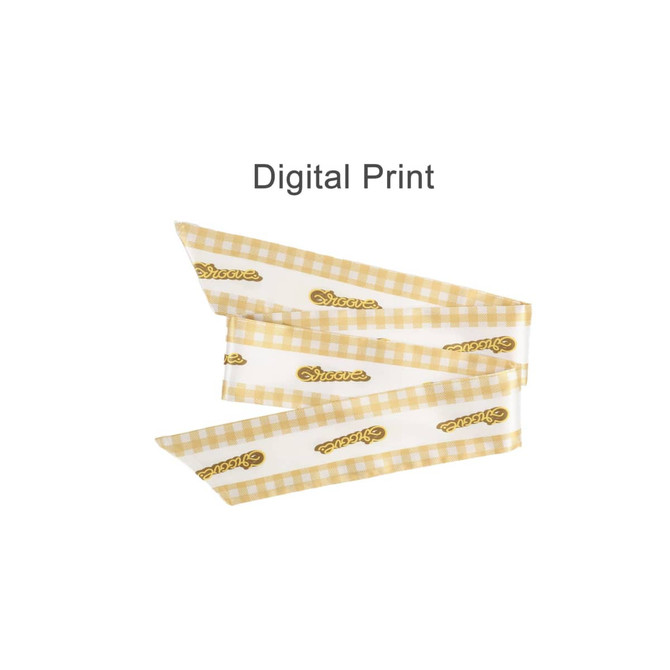 A satin narrow scarf in a yellow and white checkered pattern, featuring a decorative print and a logo.