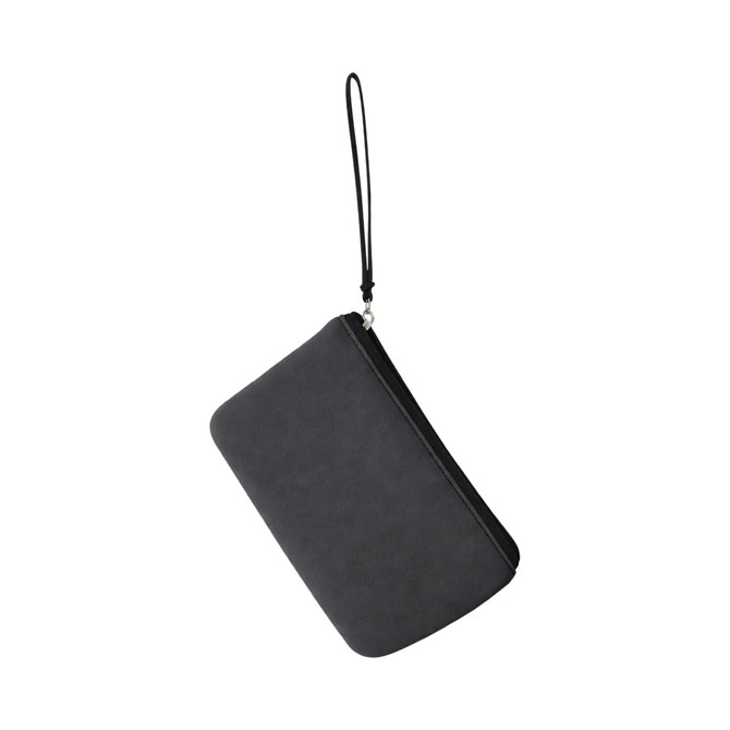 A grey neoprene cosmetic bag with a handle, featuring a smooth surface and a zip closure.